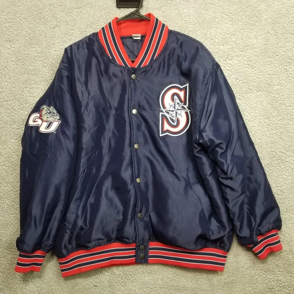 Seattle Mariners Gonzaga Bulldogs Jacket Satin Shiny Bomber Coat Mens Medium